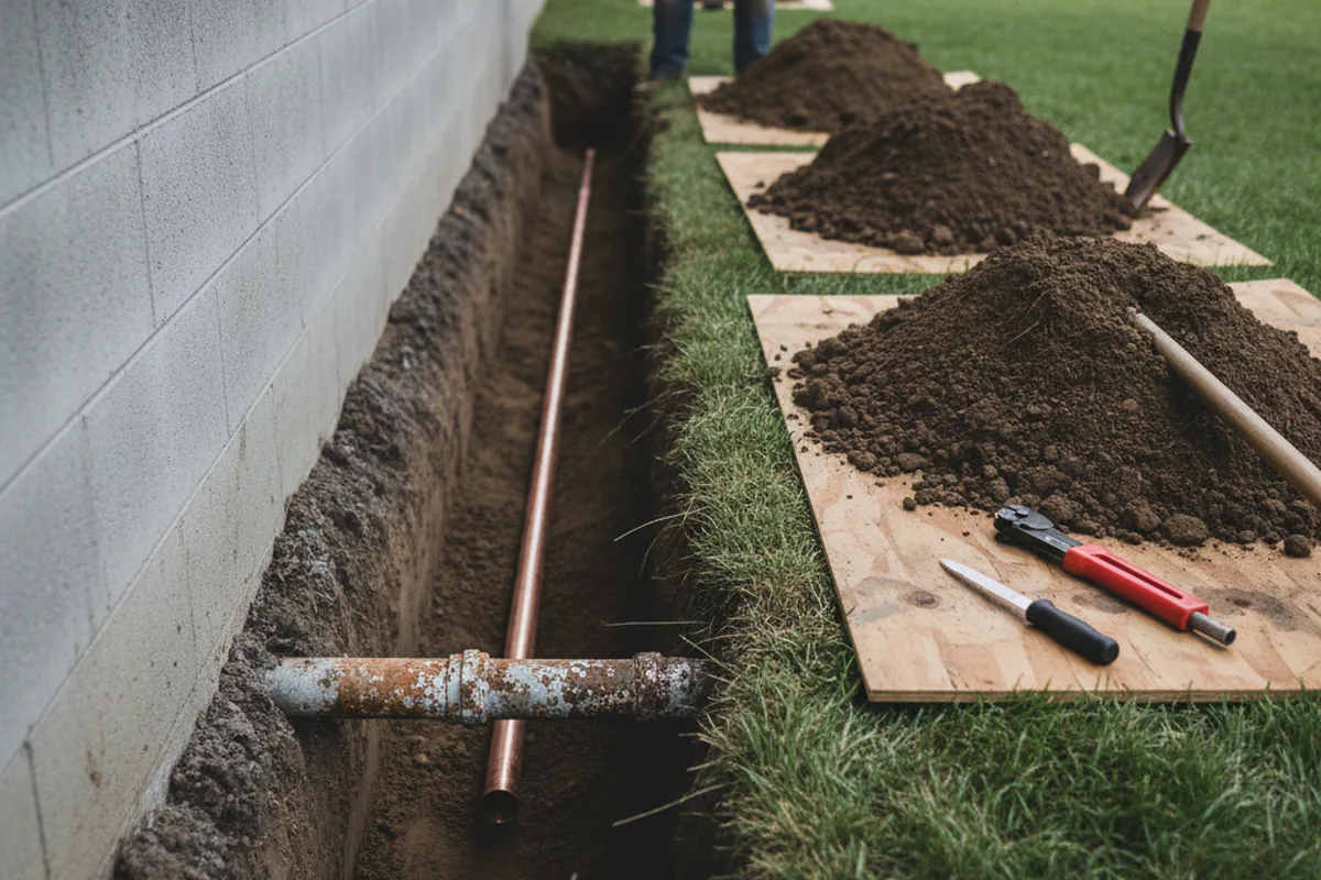 Excavated water line trench during Sewer Line Repair in Huntington Park